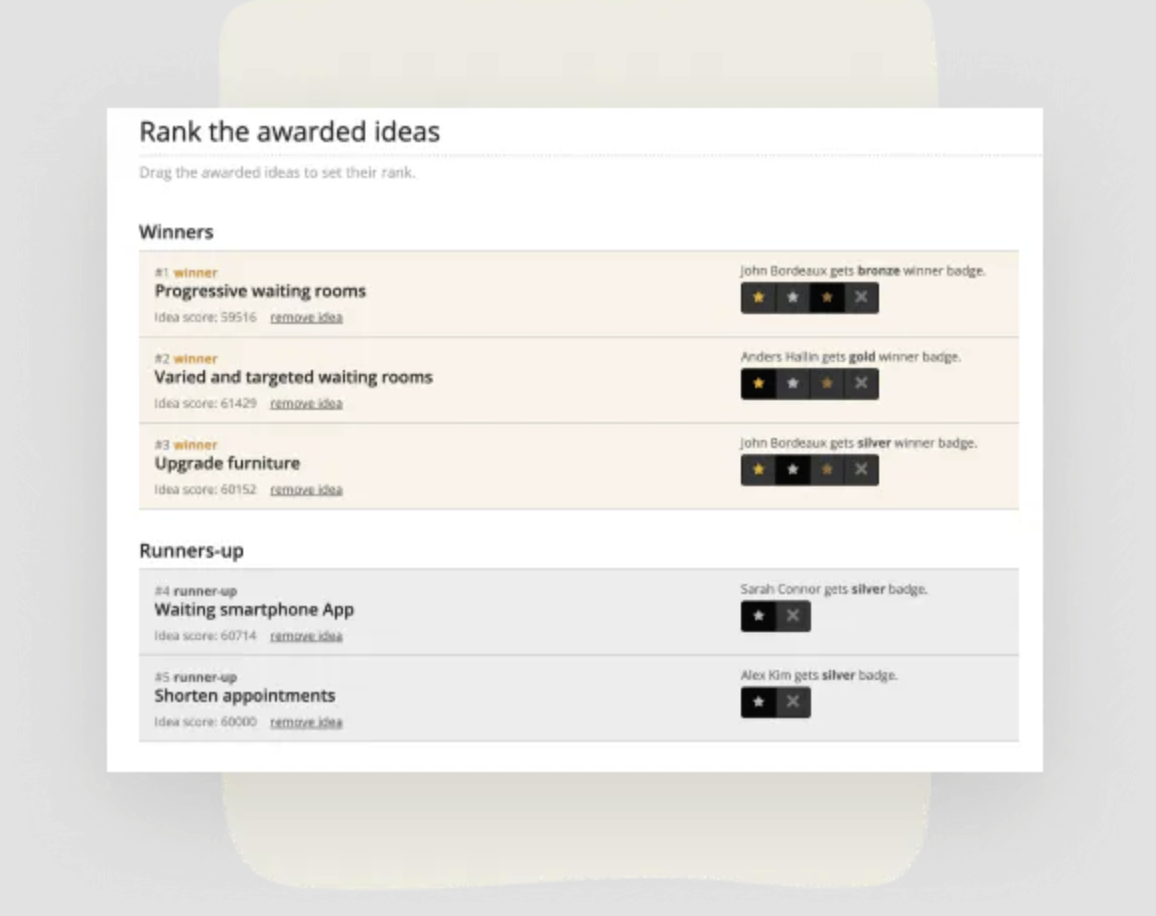 Rank the awarded ideas: Drag the awarded ideas to set their rank