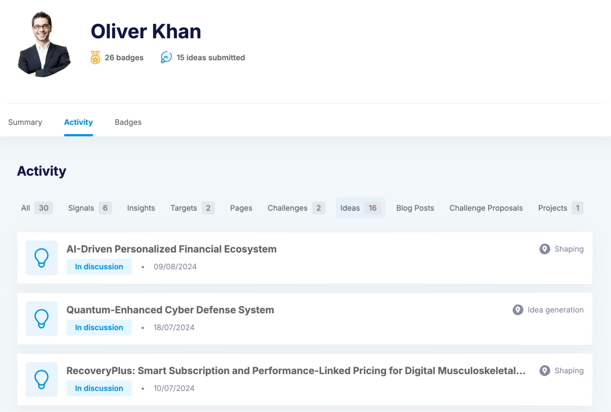 InnovationCast Innovation Hub Dashboard Activity
