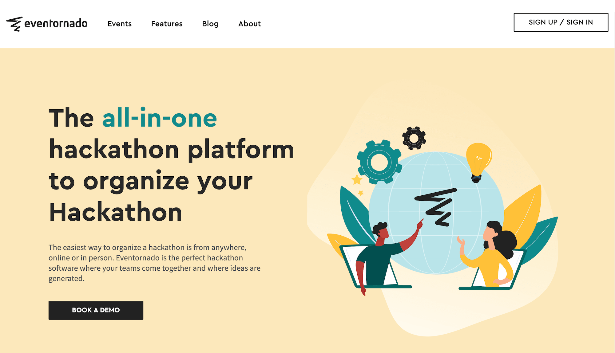 Eventornado homepage: The all-in-one hackathon platform