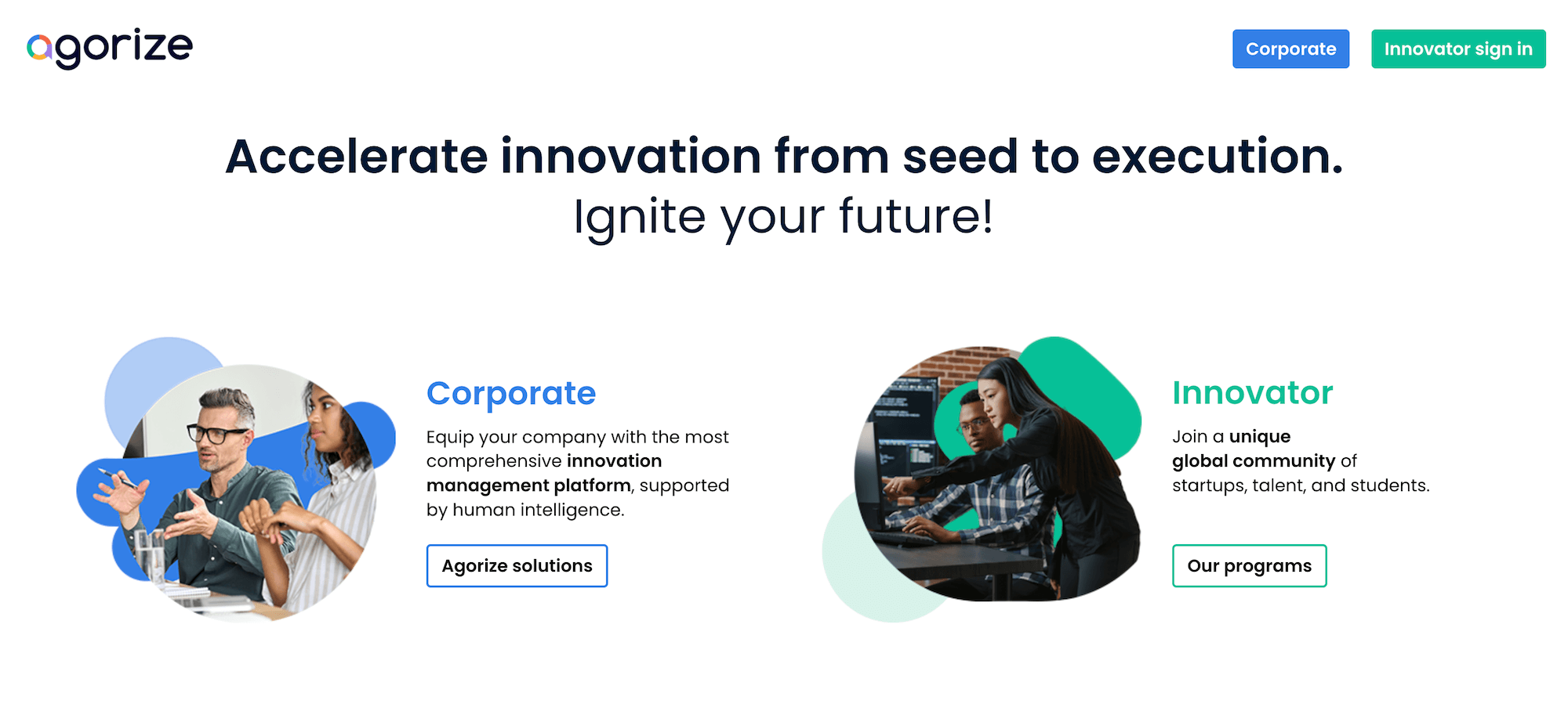 Agorize homepage: Accelerate innovation from seed to execution