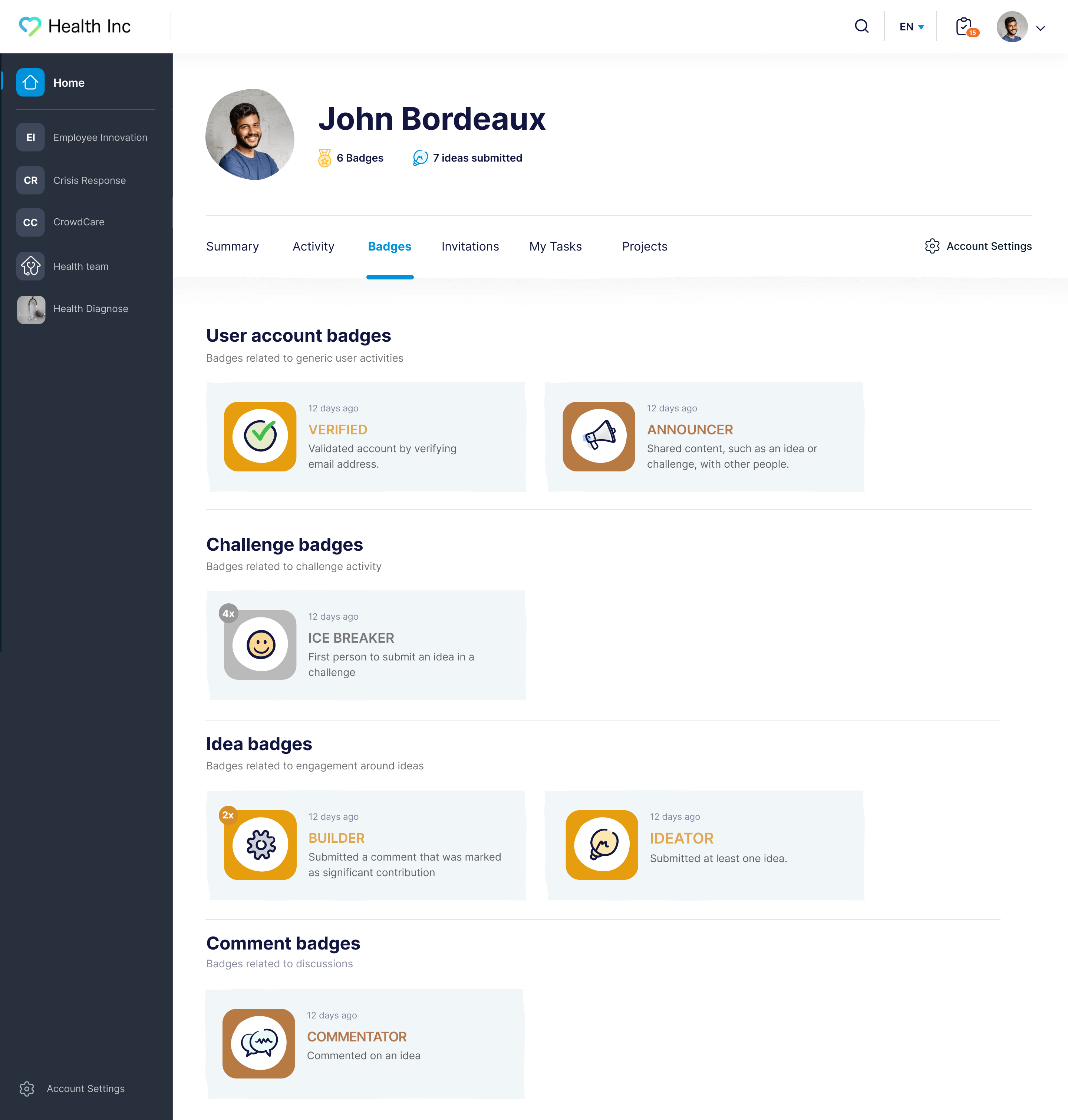 Badges in InnovationCast: Account badges, Challenge badges, Idea badges, Comment badges